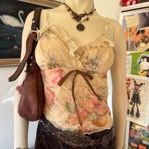 Floral Ruffle Camisole Top — Cream & Pink